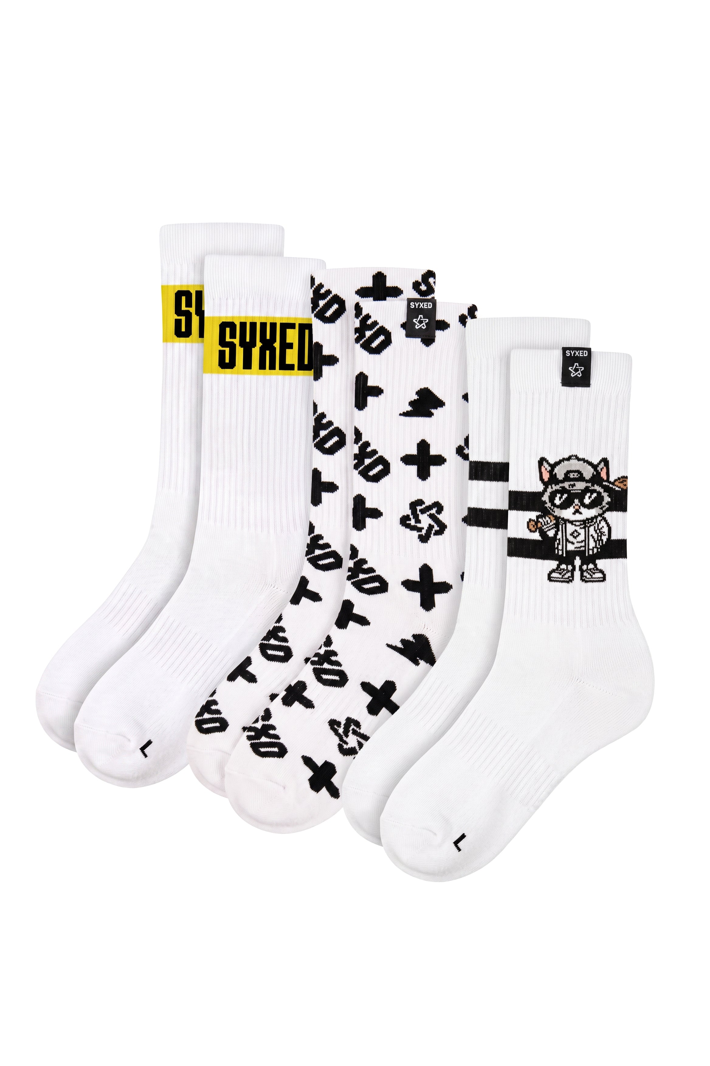 A 3-pack of white crew socks with various black and yellow graphic prints, displayed against a solid white background.