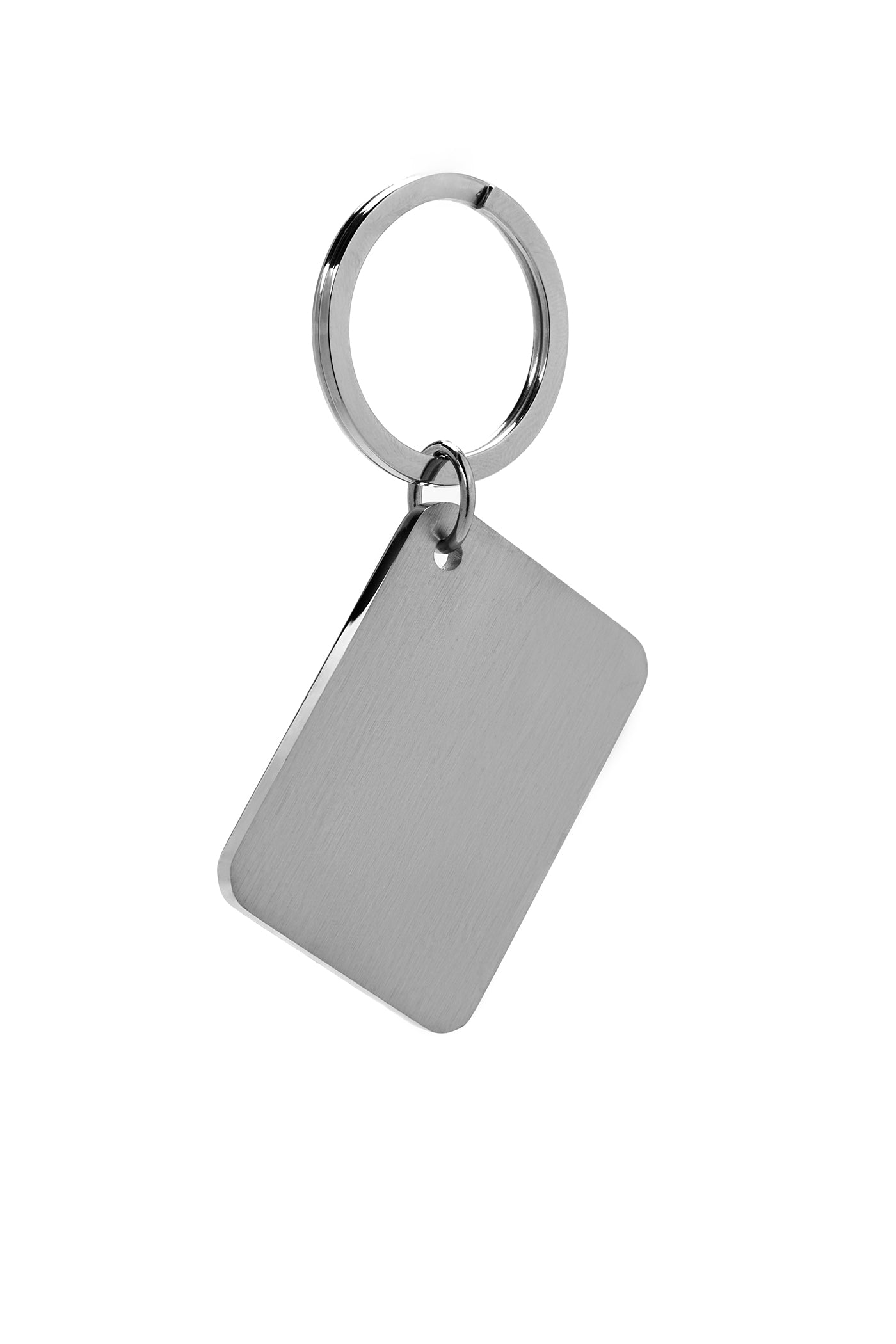 Silver keychain with a rectangular tag on a white background