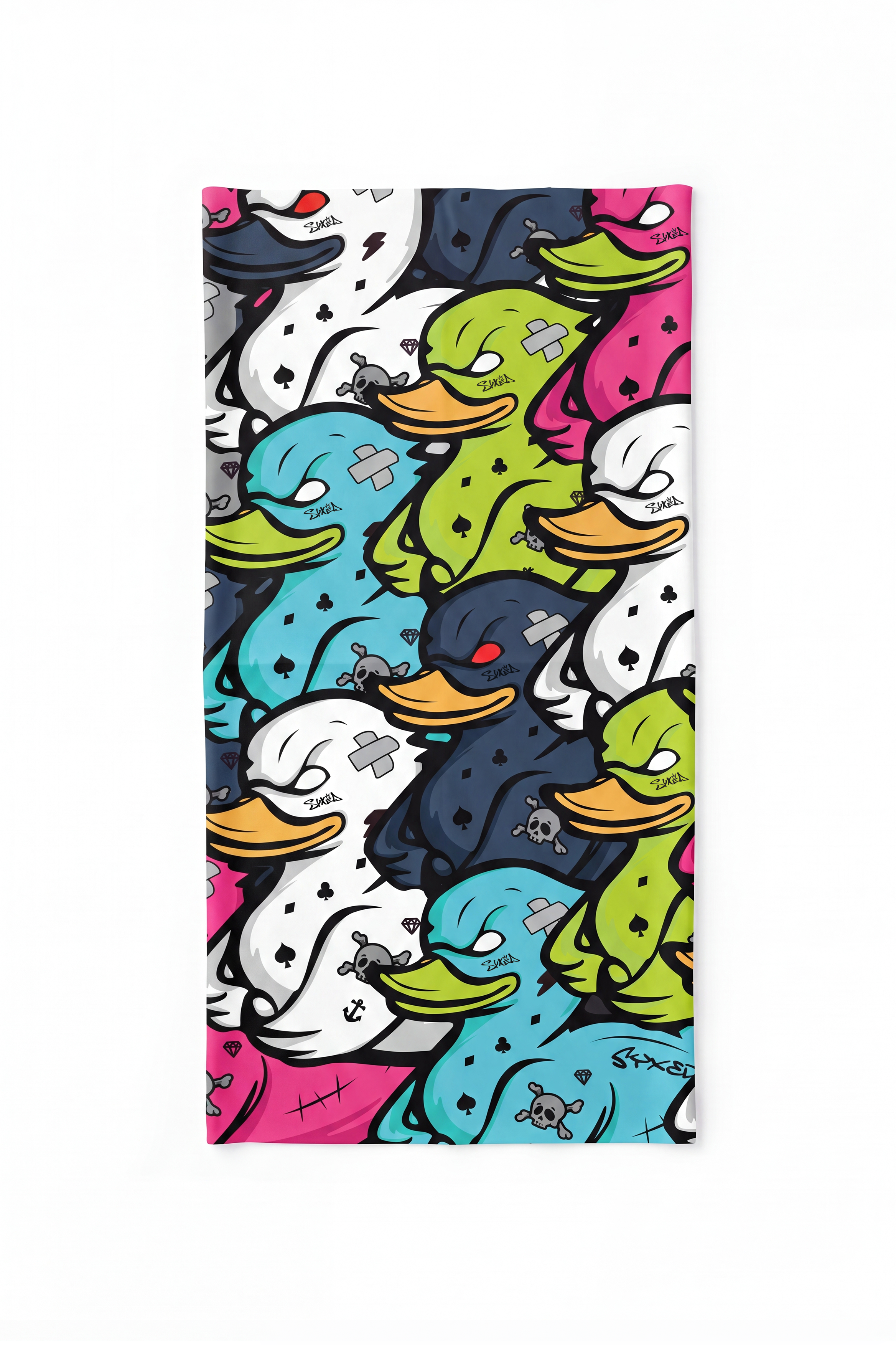 A rectangular neck gaiter featuring a vibrant, repeating cartoon duck pattern in multiple colors including pink, blue, green, and black on a white background.