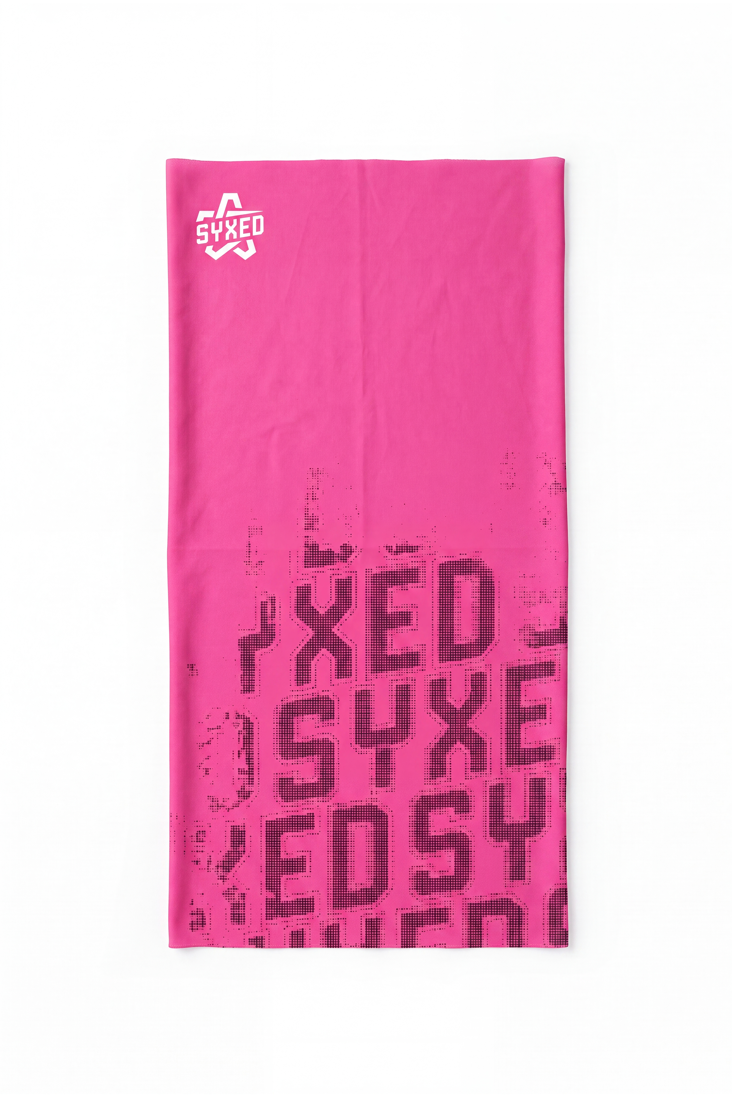 A bright pink rectangular neck gaiter featuring a white 'SYXED' logo in the top-left corner and a dark pink distressed typographic pattern of the brand name running vertically down the center.