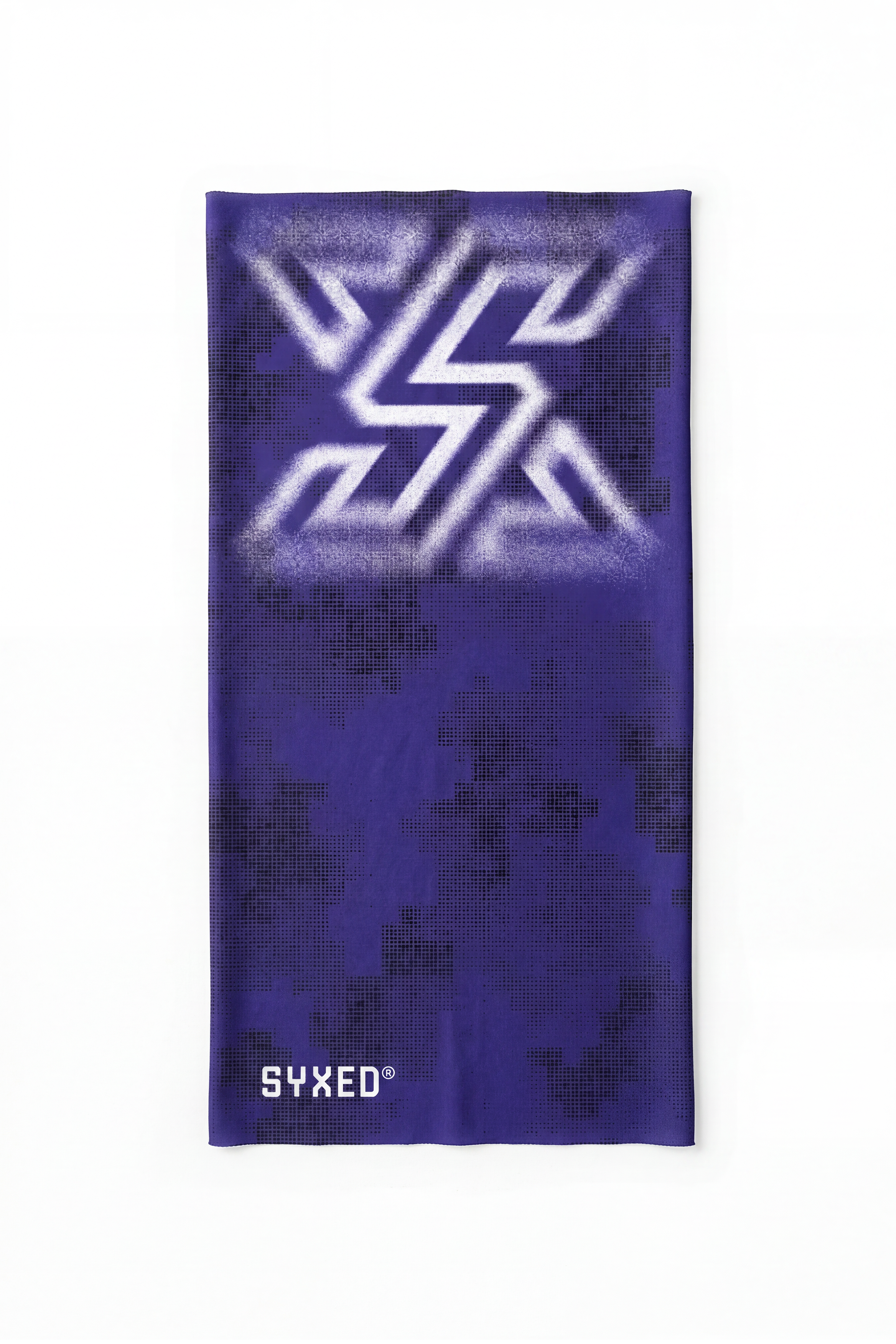 A purple and dark blue patterned neck gaiter featuring a large white stylized 'SX' logo near the top and the brand name 'SYXED' in white near the bottom, displayed flat against a white background.