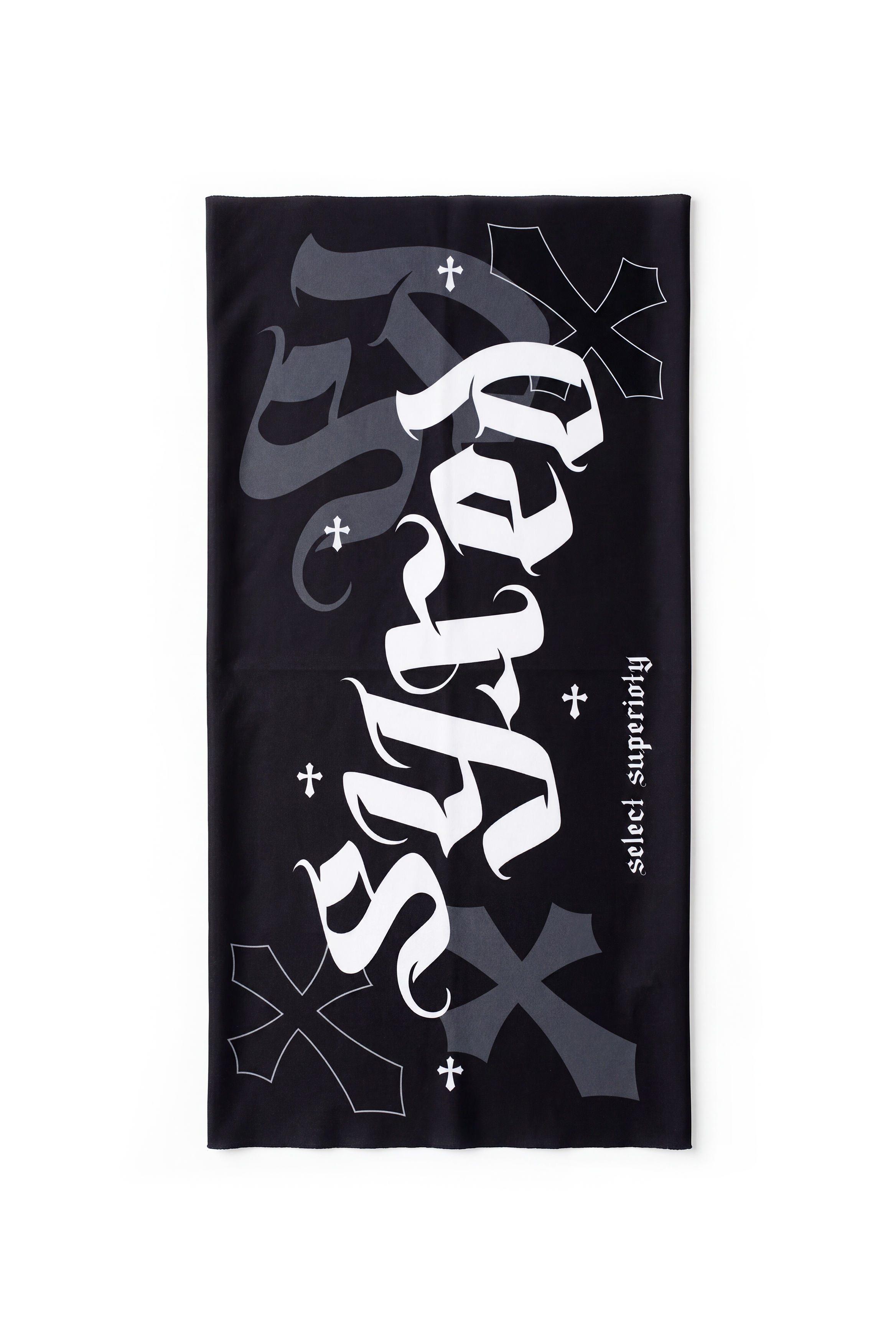 A black neck gaiter featuring a large white gothic-style 'SYXED' logo, smaller white text reading 'select supernatural', and gray gothic cross motifs on a plain white background.
