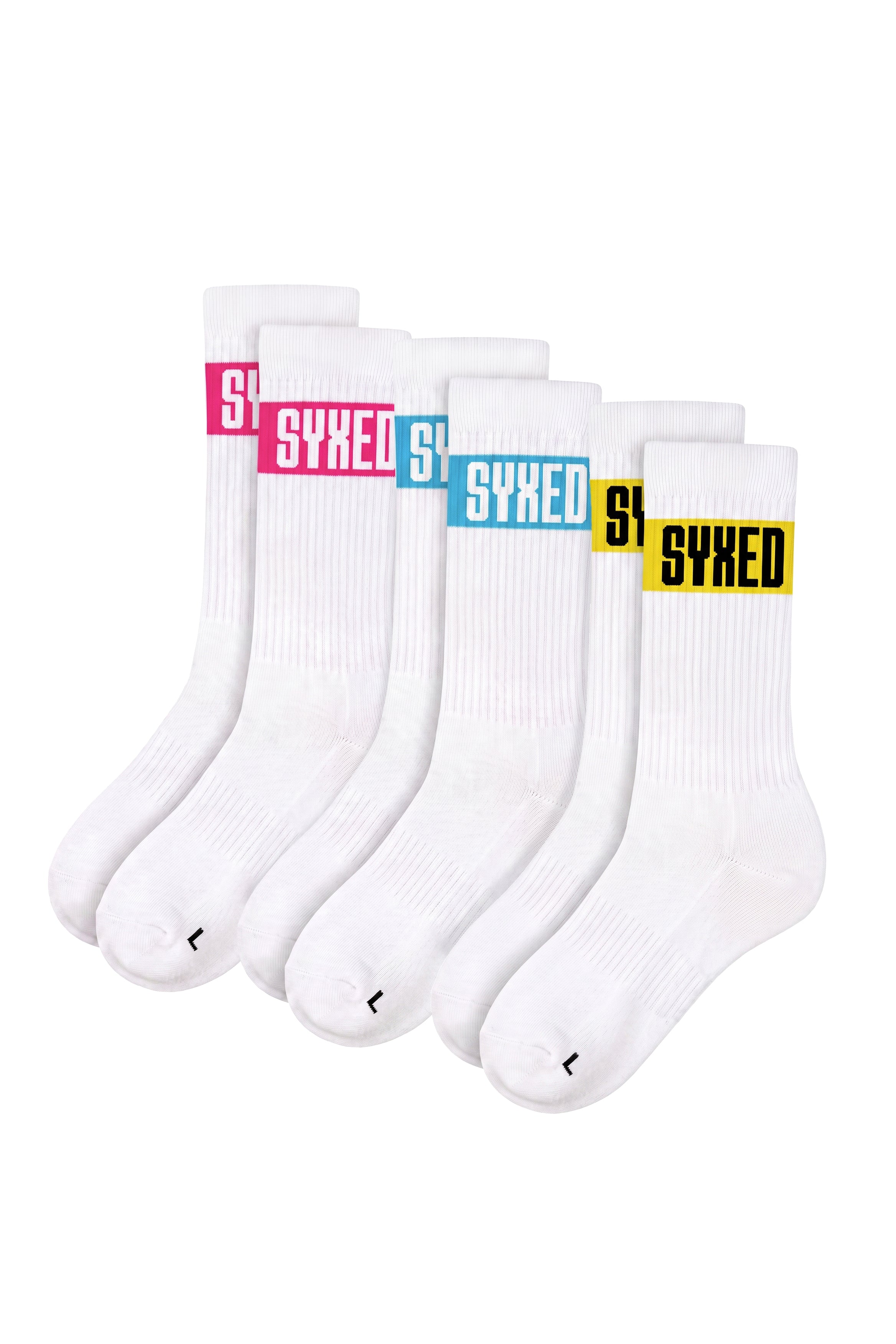 3 pairs of white crew socks arranged in a fan shape, each featuring a colorful 'SYXED' logo band at the top in pink, red, blue, green, and yellow.