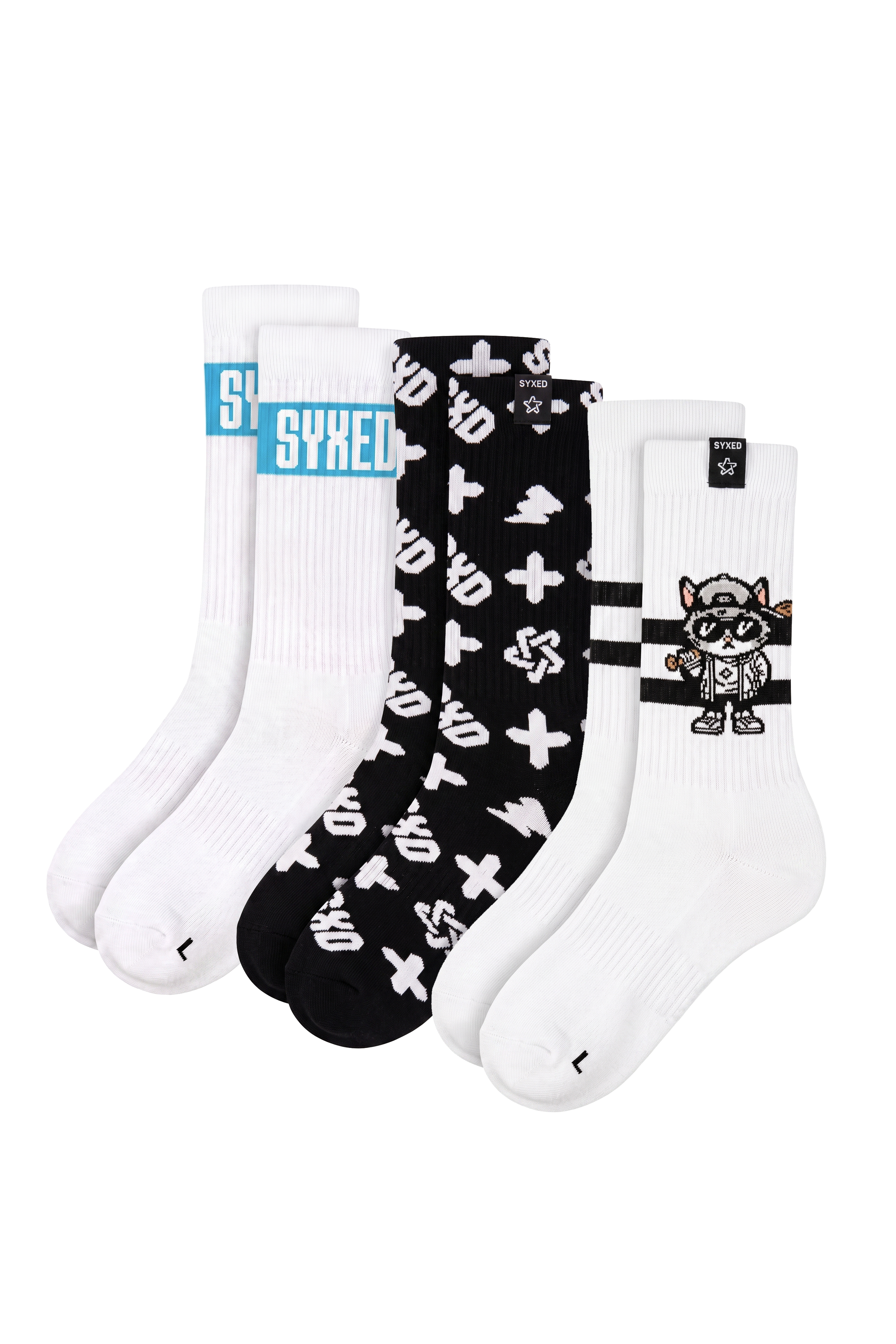 A 3-pack of crew socks from SYXED, featuring a white pair with a blue logo band, a black pair with white graffiti-style symbols, and a white pair with black stripes and a raccoon graphic.