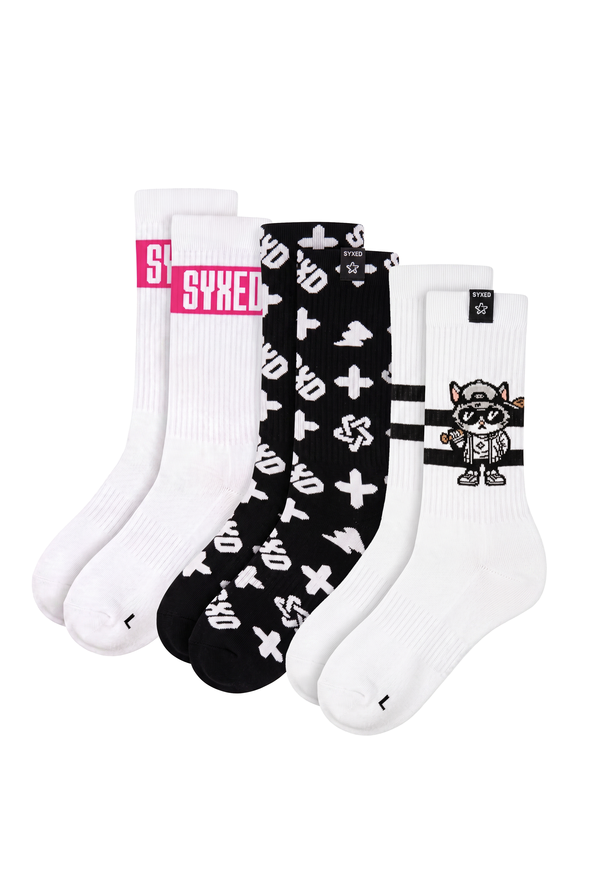 Three pairs of crew socks from Syxed, featuring a white pair with a pink logo band, a black pair with white graffiti-style symbols, and a white pair with black stripes and a cartoon raccoon graphic.
