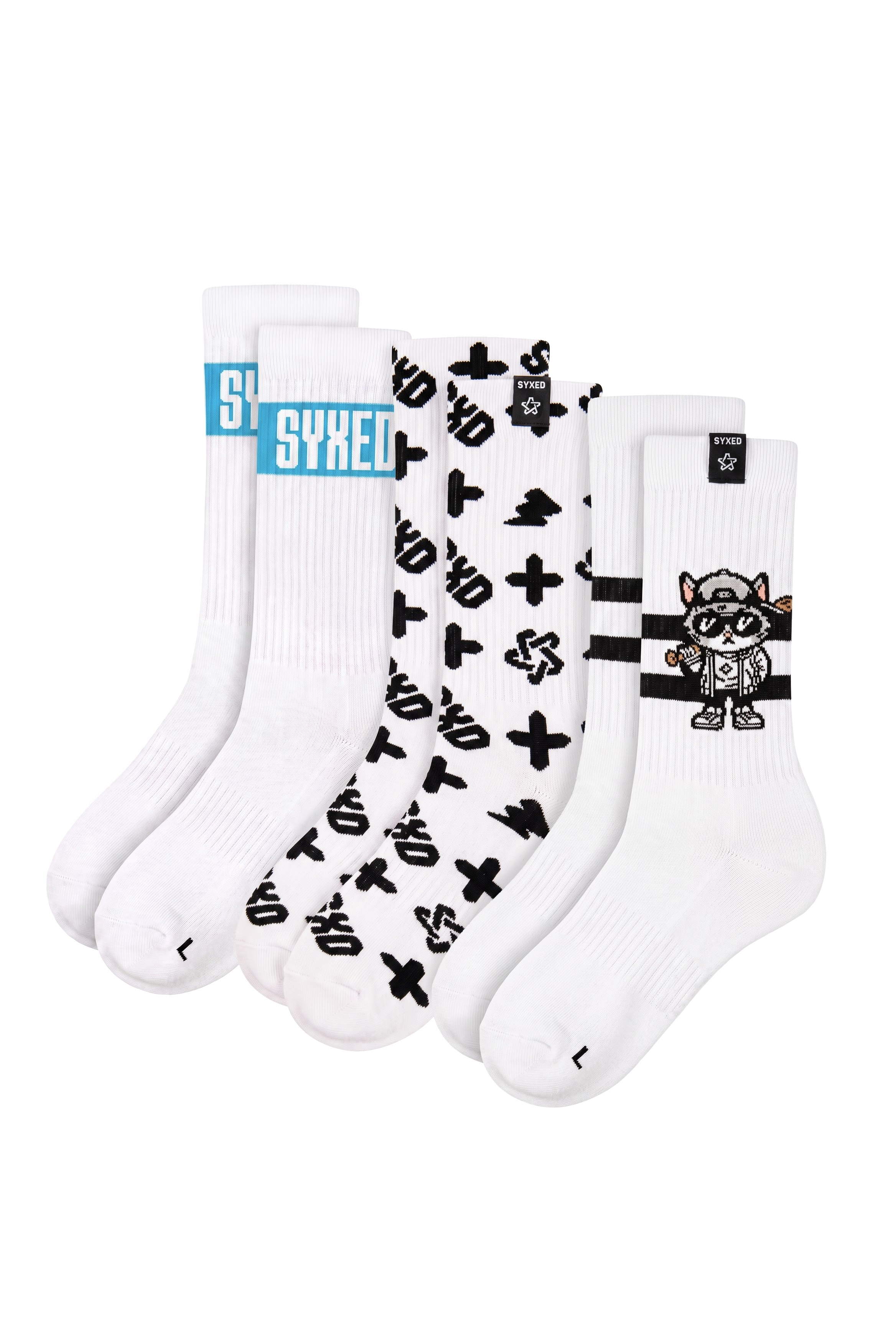 A 3-pack of white crew socks with various black graphic prints, including symbols, stripes, and a cartoon raccoon character, displayed against a solid white background.