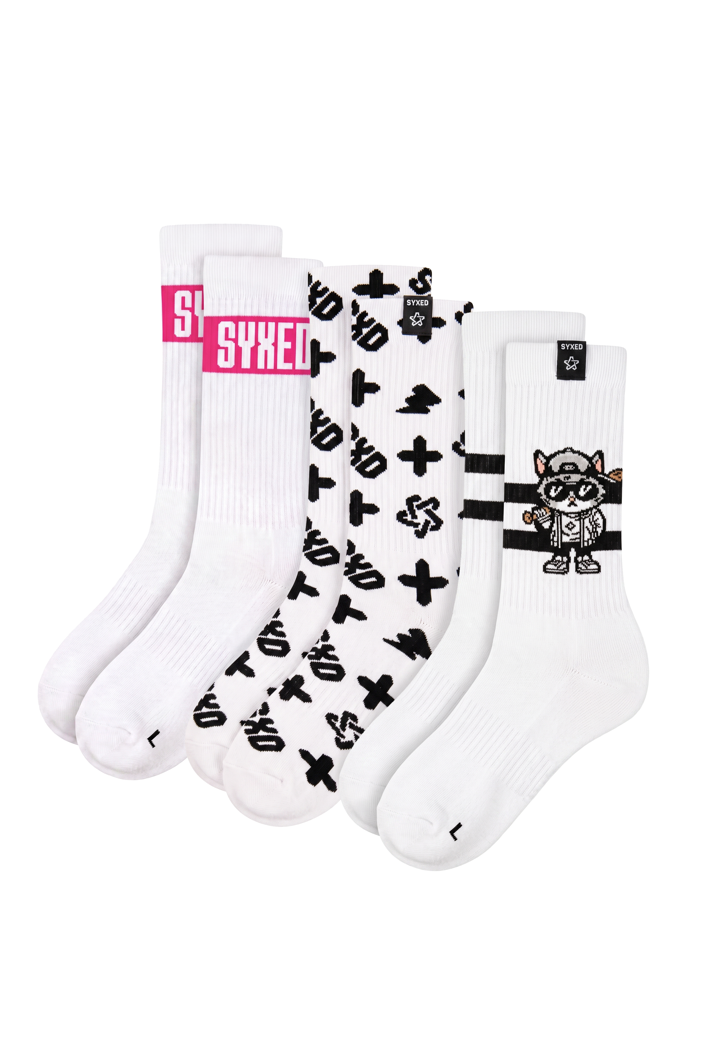 A 3-pack of white crew socks with black and pink graphic prints, including the word 'SYXED' in pink on two socks and a cartoon raccoon on one sock.